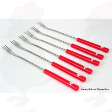 Cheese fondue forks - Schweizerkreuz - red plastic handle, 6pcs